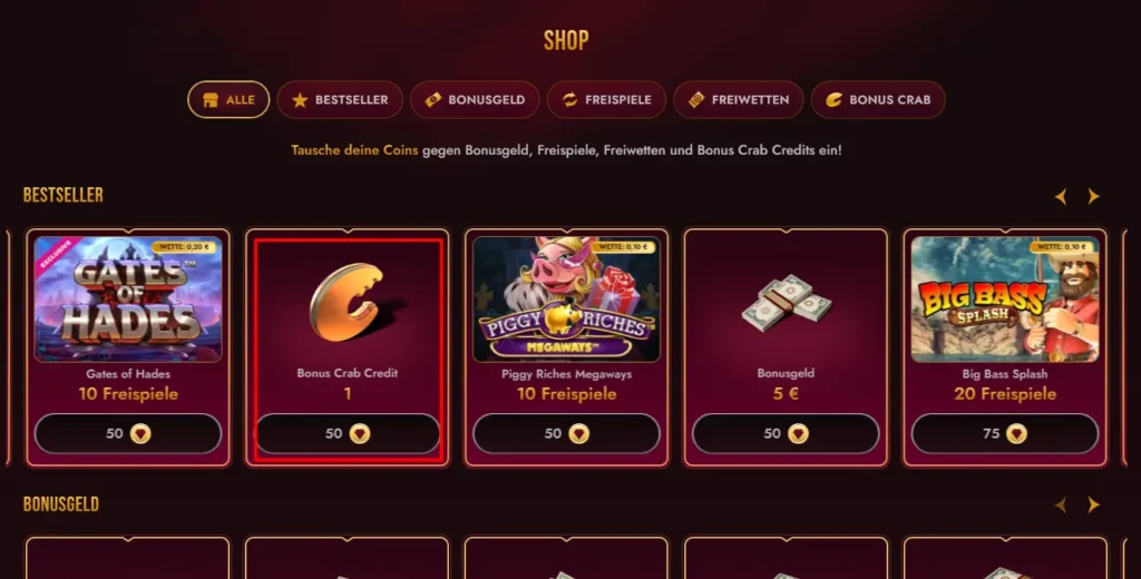 Einblick in den Treueshop des Grand Club Online Casinos