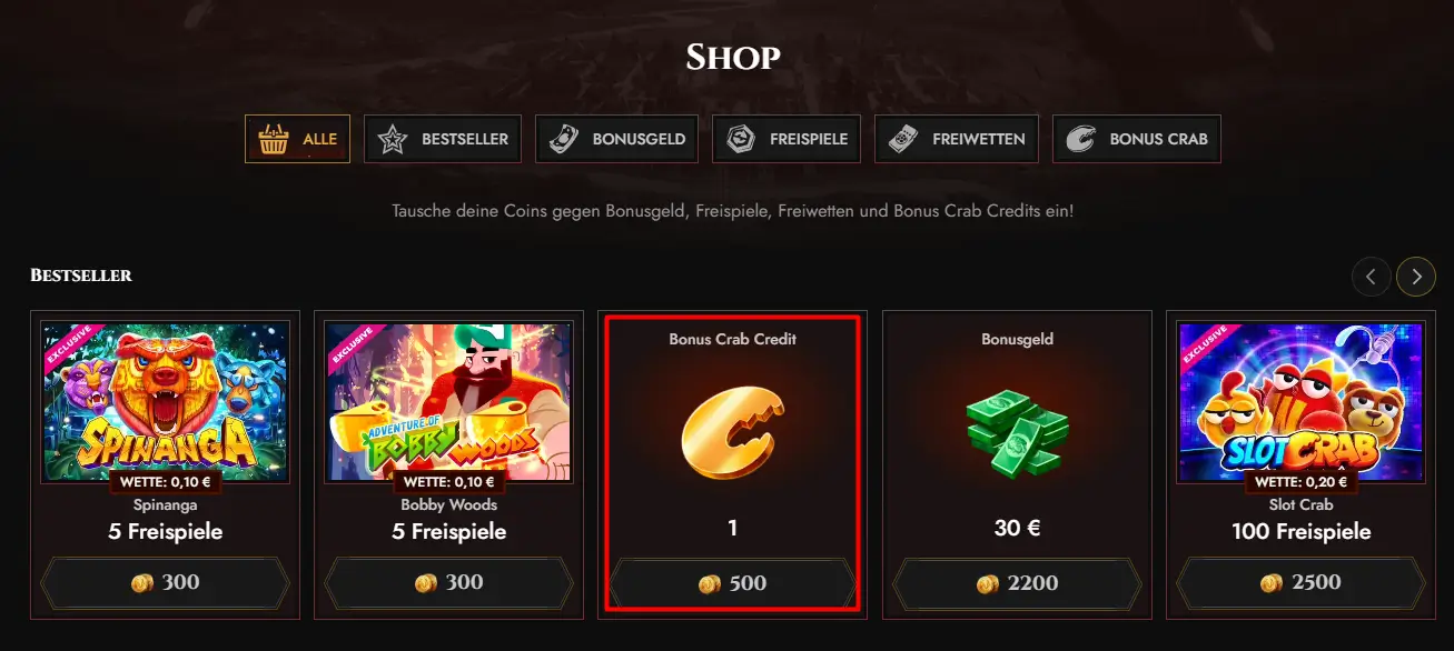 Einblick in den Treueshop des Legiano Online Casinos